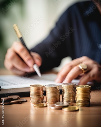 Business banner with copy space. Hand putting money coin stack with growing business.