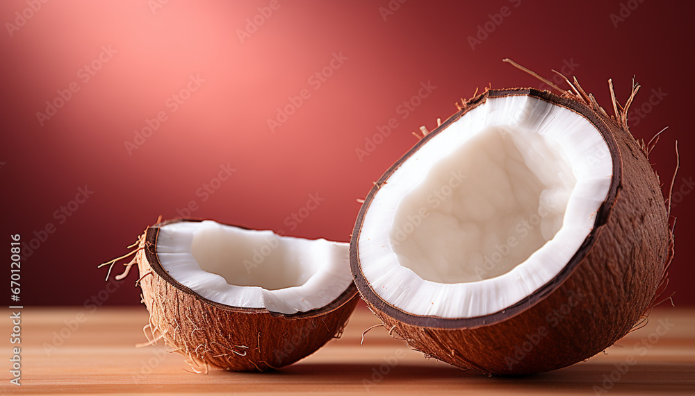 Close-up of freshly cracked coconut pieces, highlighting the creamy interior, on a wooden surface with a warm crimson backdrop Close-up of freshly cracked coconut pieces, highlighting the creamy interior, on a wooden surface with a warm crimson backdrop