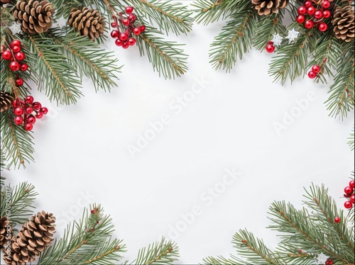 White background with pine branches and cones. Congratulations on Christmas.
