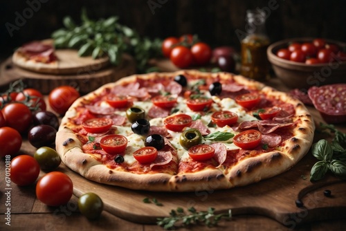 pizza filled with tomatoes, salami and olives 
