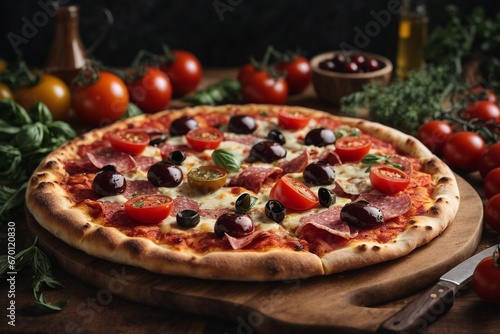 pizza filled with tomatoes, salami and olives 