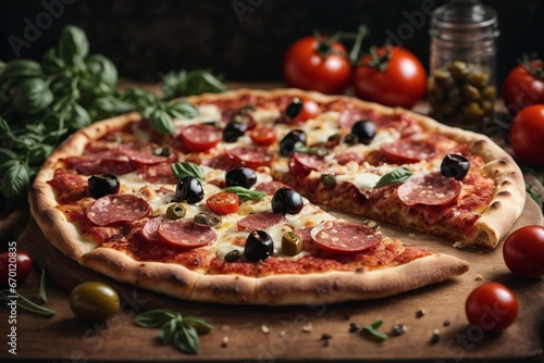 pizza filled with tomatoes, salami and olives 