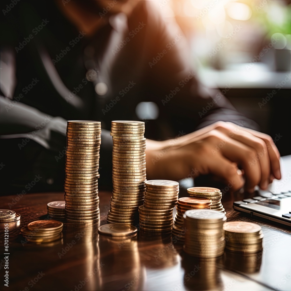 Business banner with copy space. Hand putting money coin stack with growing business. Business banner with copy space. Hand putting money coin stack with growing business.