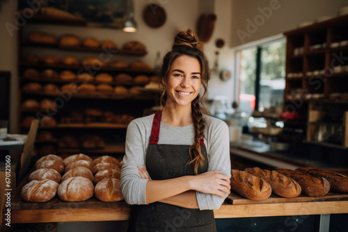 Young beautiful woman baker on a background of baked bread photo