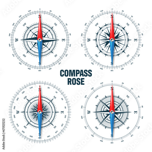Marine compass, nautical wind rose with cardinal directions of North, East, South, West and degree markings. Geographical position and orientation, cartography and navigation. Vector illustration