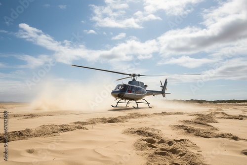 Helicopter landing in sandy landscape. Generative AI