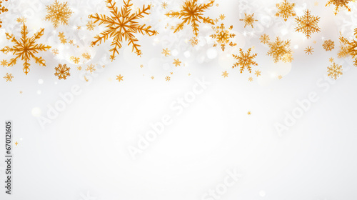 Golden snowflakes on white background. Flat lay, top view