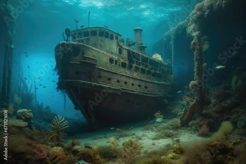 Old boat sunk in the ocean - Generative AI