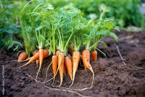 Organic vegetable garden, fresh carrots, vegan food, gardening. Keywords: fresh, harvesting, carrots, ground, garden, organic, vegetables, healthy, vegan. Generative AI