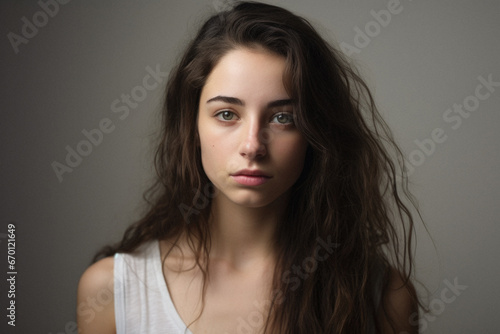 Portrait of a beautiful teen girl with long hair on a gray background.