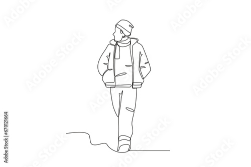 A young man wearing a winter jacket. Winter outfit one-line drawing