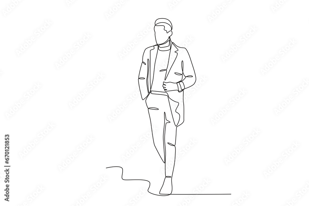 A man wearing casual winter clothes. Winter outfit one-line drawing A man wearing casual winter clothes. Winter outfit one-line drawing