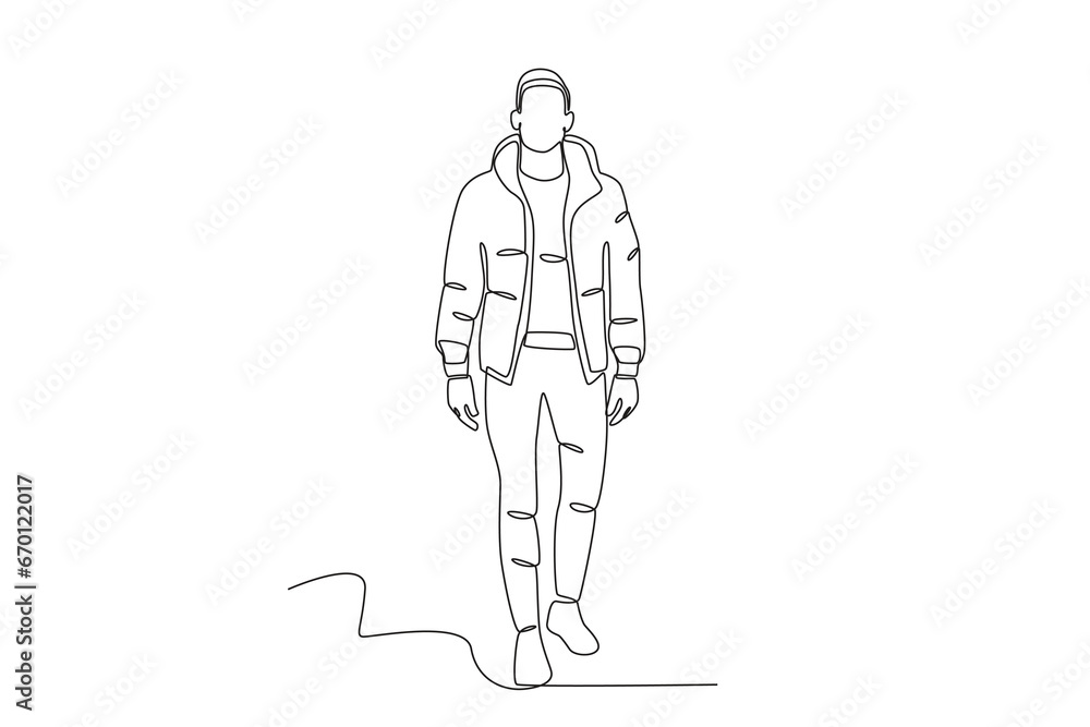 A man wearing modern winter clothes. Winter outfit one-line drawing