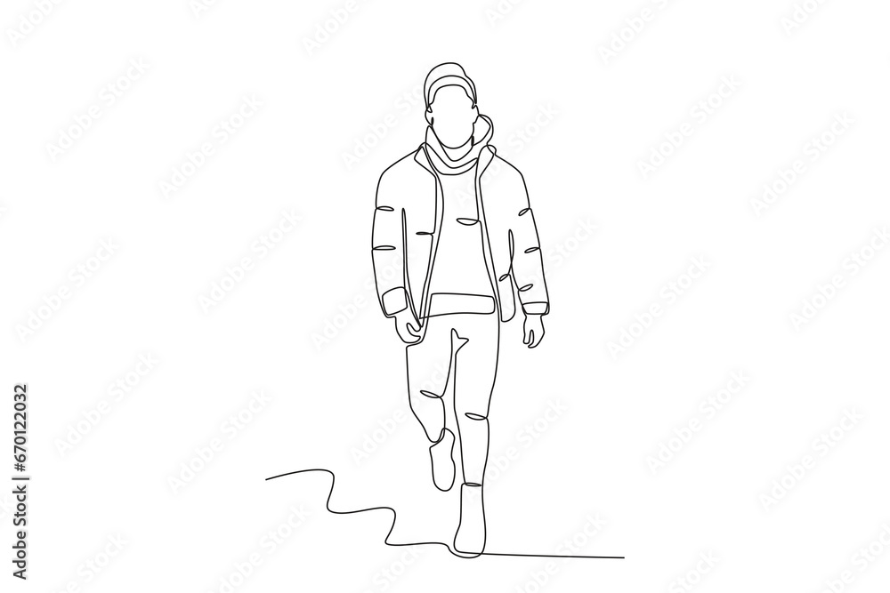 A man walking in winter clothes. Winter outfit one-line drawing A man walking in winter clothes. Winter outfit one-line drawing