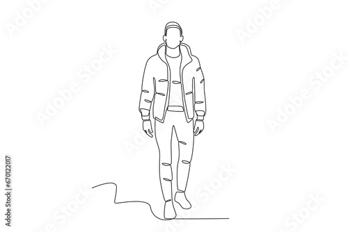 A man wearing modern winter clothes. Winter outfit one-line drawing