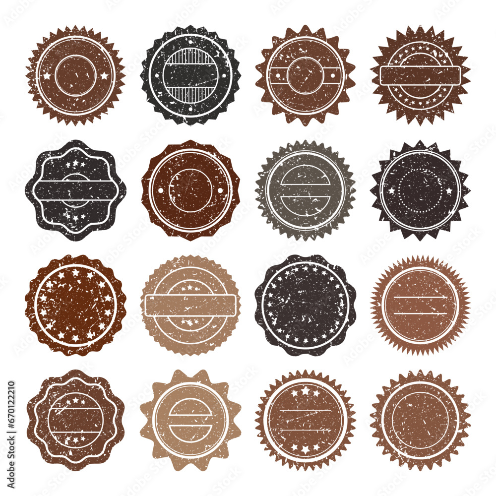 Post stamps, labels and badges. Grunge imprints and postmarks. Brown vintage circle postcard watermarks. Used envelope design elements. Vector illustration Post stamps, labels and badges. Grunge imprints and postmarks. Brown vintage circle postcard watermarks. Used envelope design elements. Vector illustration