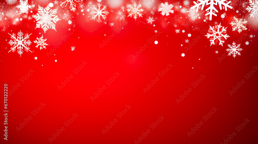 Red Christmas background with snowflakes and bokeh lights.
