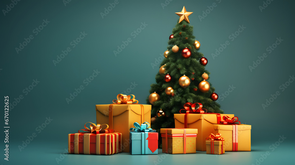 A lot of presents with new year tree on the empty solid background A lot of presents with new year tree on the empty solid background