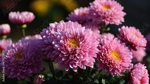Beautiful pink chrysanthemums close up in autumn Sunny day in the garden. Autumn flowers. Flower head 