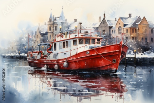 beautiful and artistic watercolor painting of boat in early morning.