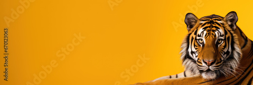 Beautiful tiger on orange background  wide horizontal panoramic banner with copy space  or web site header with empty area for text.