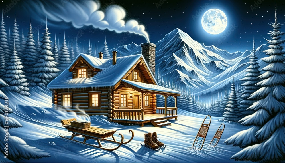 Snowy mountain landscape with a log cabin, sled, and snowshoes under moonlight. Snowy mountain landscape with a log cabin, sled, and snowshoes under moonlight.