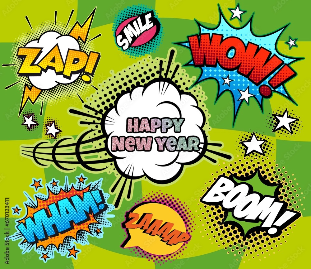 Comics Happy new Year. Vintage, retro style with graffiti elements, collage, cartoon cinema.Multicoloured background. Holiday illustration.