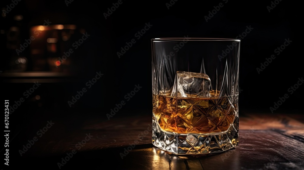 Glass of alcohol on a black table in the bar. Lonely scottish glass of whiskey with ice. 