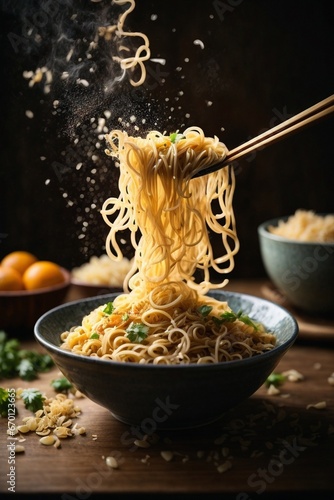 temping noodles in bowl with splash of noodles 