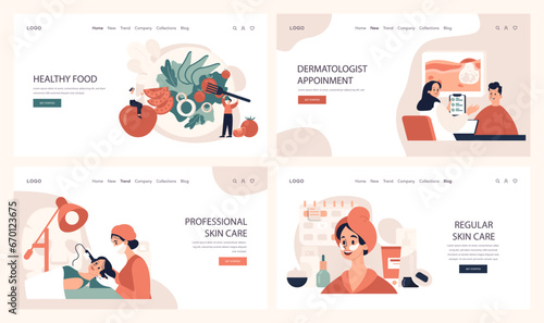 Acne treatment web banner or landing page set. Dermatology and cosmetology diagnosis and care. Healthy facial skin tips. Blackheads and pimples treatment process. Flat vector illustration