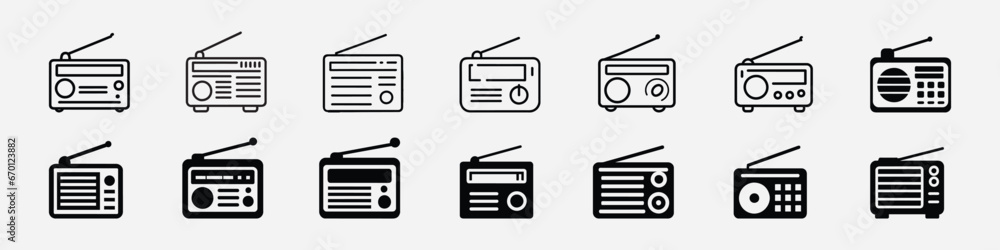 Radio icon, radio vector thin line icon, radio icon vector logo template, radio icon silhouette, Radio icon vector, vintage radio icon, Old retro Receiver waves, Radio icon simple vector design. Radio icon, radio vector thin line icon, radio icon vector logo template, radio icon silhouette, Radio icon vector, vintage radio icon, Old retro Receiver waves, Radio icon simple vector design.