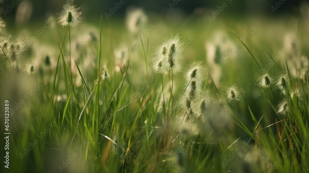 Meadow field with fluffy grass. Summer spring natural landscape. Green landscape background for a postcard, banner or poster. Close-up macro photography, selective focusing. Meadow field with fluffy grass. Summer spring natural landscape. Green landscape background for a postcard, banner or poster. Close-up macro photography, selective focusing.