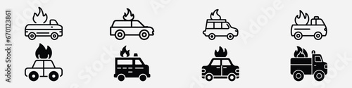 Burning car icon, fire car icon, Car on fire icon in single color. car fired Vehicle insurance Icon, burning car icon, auto in fire, Automotive transportation accident accident burned insurance claim