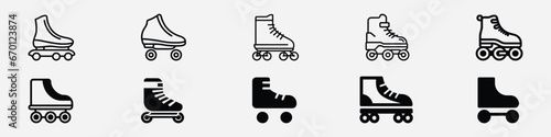 Roller skate icon line symbol.Outline roller skate icon, Roller skate silhouette, skating rink pictogram. Rental roller skates, Roller skate line icon symbol. rollers skate, Sport shoe icon photo