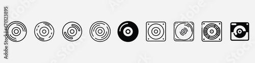 Disk icons set, hard disk icon. Retro floppy disk, compact disc, Vinyl plate disc Music retro icon.CD or DVD icon, Vector CD or DVD icon, Disc brake icon 