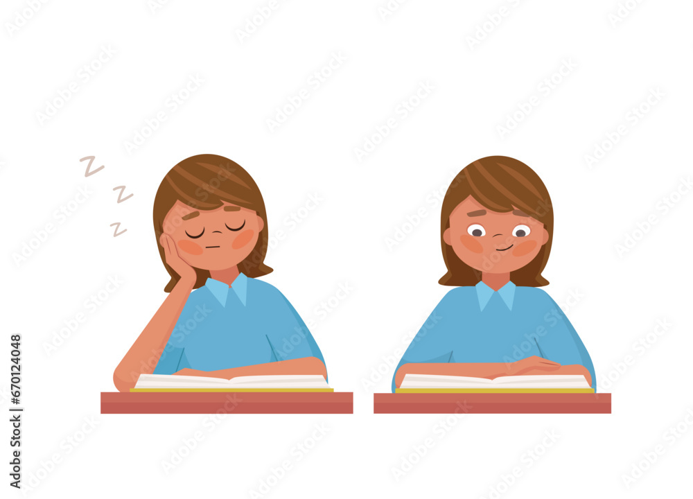 Cute kid girl read and sleep with book in class. Sleeping child at the study table. Flat vector cartoon style Cute kid girl read and sleep with book in class. Sleeping child at the study table. Flat vector cartoon style