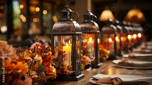 Uma mesa de madeira adornada com decorações no estilo vintage, como lanternas, um trilho de mesa de juta e castiçais de latão envelhecido.
