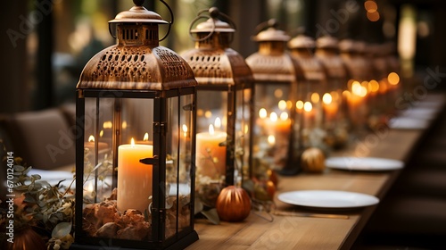 Uma mesa de madeira adornada com decorações no estilo vintage, como lanternas, um trilho de mesa de juta e castiçais de latão envelhecido. photo