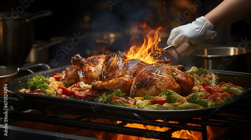 Um plano dinâmico de um chef ou cozinheiro caseiro selando um peru em uma frigideira borbulhante, criando uma exibição visualmente envolvente de habilidade culinária photo