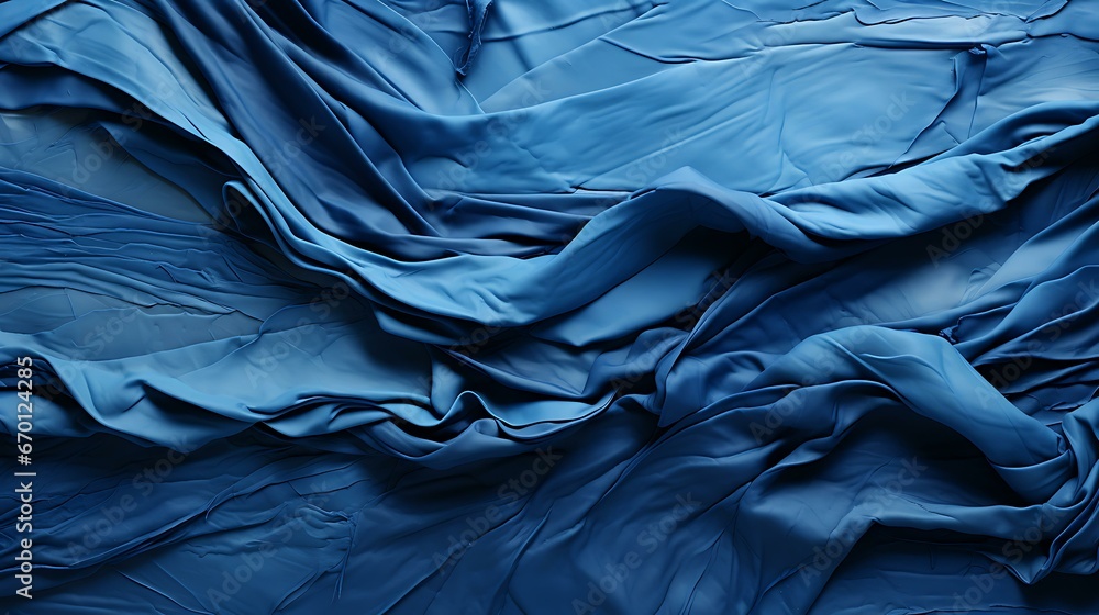 Uma tela de tecido domina o quadro, sua textura uma sinfonia tátil. Um denim azul rico apresenta sua trama familiar, criando colinas e vales de fios. Cada fio é parte da composição maior. - obrazy, fototapety, plakaty 