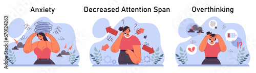 Anxiety set. Character mental health issues. Woman coping with psychological stress. Mental disorder emotional and physical symptom. Flat vector illustration