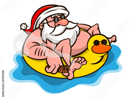 Cartoon illustration of Santa Claus wearing sunglasses and smoking a cigar while floating with duck buoy at the beach. Best for sticker, logo, and mascot with christmas themes