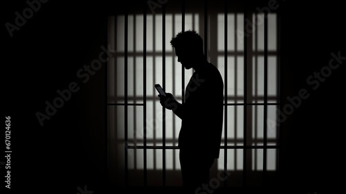 Silhouette of a male prisoner in a smartphone. Social media addiction, internet addiction, smartphone addiction. social disease. Modern design, magazine style 