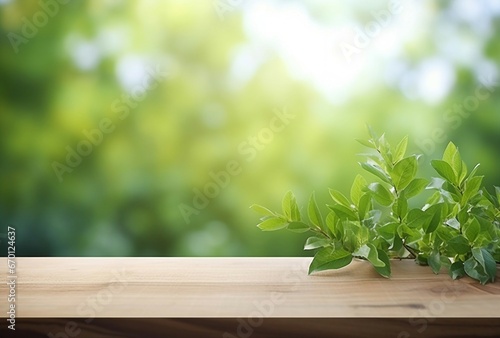 A wooden table with a potted plant on top