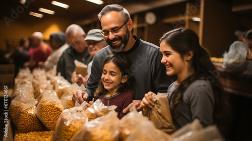 Uma foto emocionante de membros da comunidade de todas as idades se reunindo para empacotar e distribuir cestas de alimentos de Ação de Graças para aqueles que precisam.