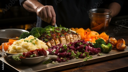 Uma foto de alta qualidade retratando um chef habilidoso ou cozinheiro caseiro organizando meticulosamente um prato de Ação de Graças.