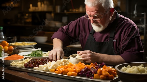 Uma foto de alta qualidade retratando um chef habilidoso ou cozinheiro caseiro organizando meticulosamente um prato de Ação de Graças. photo