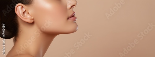 Beautiful young woman with clean fresh skin on beige background, Facial care, Facial care, Cosmetology, beauty photo