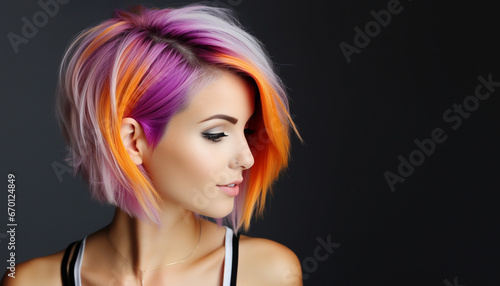 Elegant side-profile of a young woman flaunting a captivating multicolored hair palette of orange, purple, and silver against a stark black background