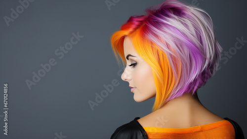 Close-up of a woman with a vibrant play of fiery orange, deep purple, and subtle silver hues in her hair, complemented by an orange top against a muted background.
